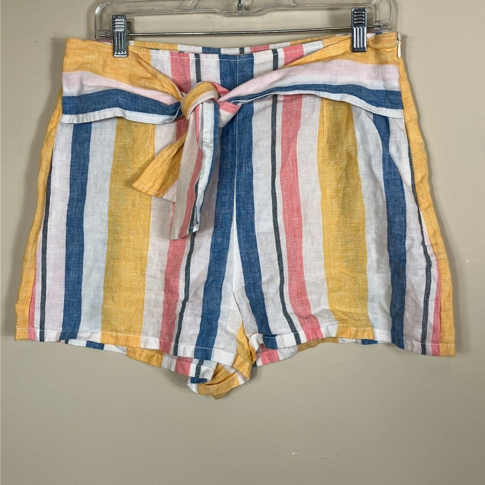 C&C California 100% Linen Shorts Size US 8 Womens MultiColor Stripe Tie Waist